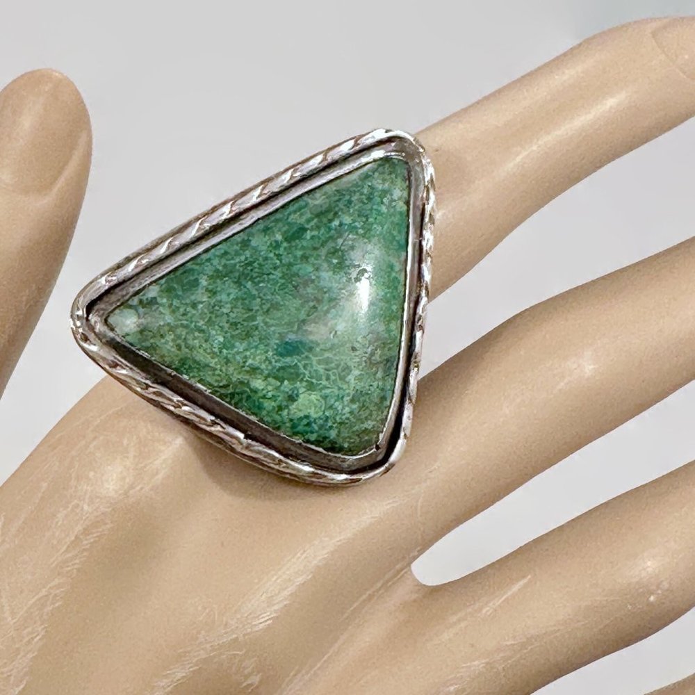 Chrysocolla Ring, Sterling Silver, Big Stone, Handcrafted, Vintage, Size 8 1/2